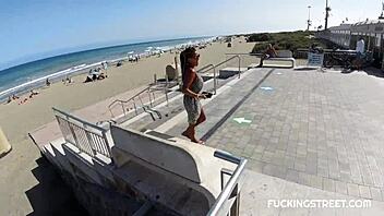 The street pickup leads to a blowjob where she handles his huge clit and big tits eagerly.