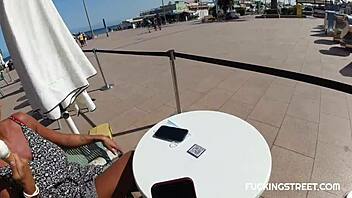 The street pickup leads to a blowjob where she handles his huge clit and big tits eagerly.