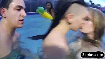 teen besties delivered a wet blowjob before getting drilled by the pool in group fun