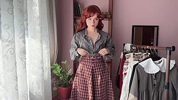 library girl shows off cute redhead cosplay in big ass stockings and nerdy petite lingerie