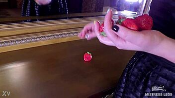Oh, look at these juicy strawberries getting squeezed up close by my cute bare feet on the dresser!