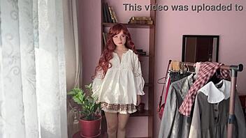 library girl shows off cute redhead cosplay in big ass stockings and nerdy petite lingerie