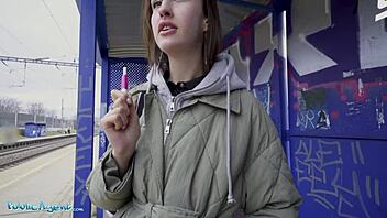 Train station smoker flashes tits to dodge fine then rides big cock in public cowgirl style