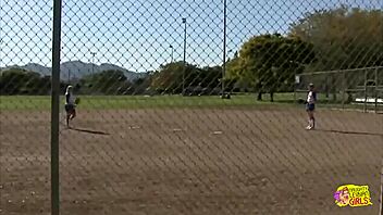 Hey, two fit baseball players dive into a naughty threesome with this horny blonde lesbian babe