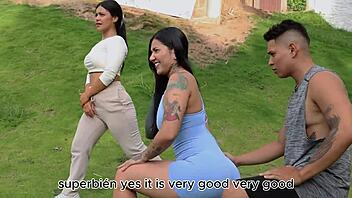 Workout session with tattooed latina turns into sensual pussy licking and cock riding in threesome