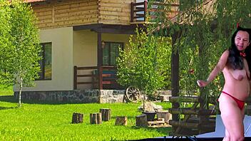 I'm watching this preview of devil in the yard where Agarabas and Olpr show big cock handjob and gaping pussy in outdoor garden voyeur style.