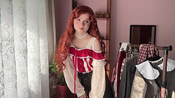 library girl shows off cute redhead cosplay in big ass stockings and nerdy petite lingerie