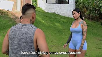 Workout session with tattooed latina turns into sensual pussy licking and cock riding in threesome