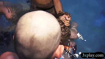 teen besties delivered a wet blowjob before getting drilled by the pool in group fun