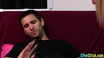 Clothed European babes in high definition humiliate guys with handjobs in group femdom scene