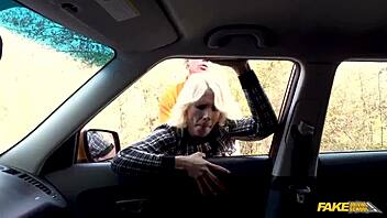 hey fake driving school this blonde milf with huge boobs loves riding big dick outdoors in car. She's mature and gives blowjob with cumshot.