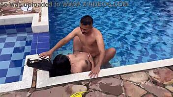Piscinero Cachondo Fucks Pregnant Latina with Big Fake Tits in Outdoor Deepthroat Roleplay