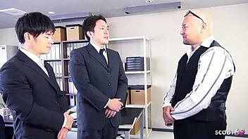 Japanese young woman gets picked up for group creampie adventure with older men