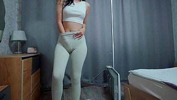 Skinny Brunette Babe Teases With Cumming And Pissing In Leggings And Panties For Free Homemade Fun