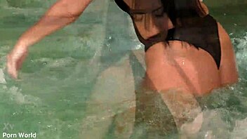 In a steamy poolside scene, busty milf Ania Kinski enjoys a sensual massage that escalates into oiled double penetration threesome action with intense fucking.