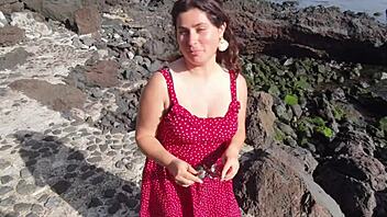 Young curvy milf flashes big tits and hairy pussy on public beach for dirty talk seduction