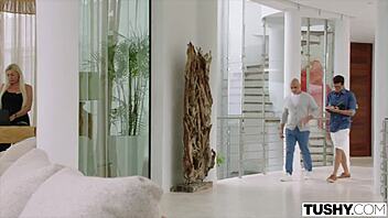 Tushy Gorgeous April Lives Her Double Penetration Fantasy With Hairy Brunette In Lingerie Getting Assfucked And Facial