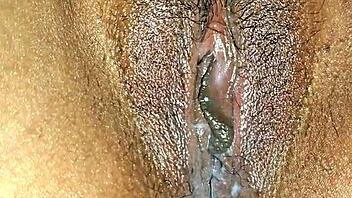 hey, this sexy latina milf gets a close up with cum dripping all over her tight wet pussy and body