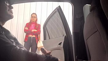 Risky Public Masturbation on Street for Punk Redhead Flashing Near Student at Bus Stop Outdoors