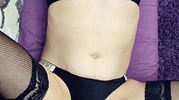 Amateur wife poses in stockings with big tits squirting during homemade filming