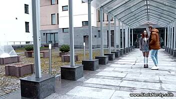 Nerdy skinny teen Lottie Magne polishes fat cock outdoors before shaved pussy cumshot.