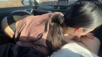 In a teasing outdoor encounter, the brunette student fucked her friend in the car