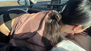 In a teasing outdoor encounter, the brunette student fucked her friend in the car