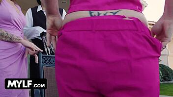 Two hot milfs with big tits get their bushes shaved in this wild Edward Scissorhands parody, complete with lesbian licking and group fun.