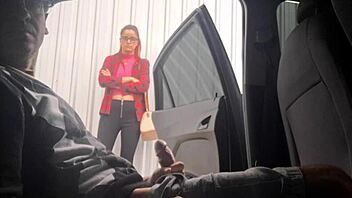 Risky Public Masturbation on Street for Punk Redhead Flashing Near Student at Bus Stop Outdoors