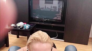 Hot blonde, you're sucking my big cock so sloppily! Now take this massive cumload on your hairy pussy...