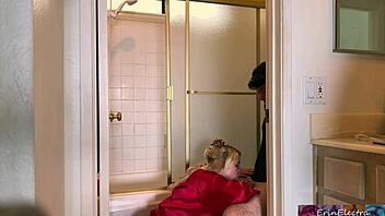 stepmom assists stepson with release in the bathroom for a natural homemade moment