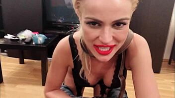 Hot blonde, you're sucking my big cock so sloppily! Now take this massive cumload on your hairy pussy...