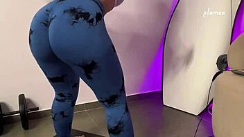 Big butt teases in thong shorts and leggings during workout