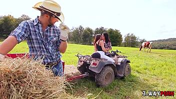 hey, how wild is it when two babes get double penetrated outside the farm by that ranch boy in a hot 3some?
