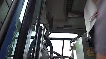 beautiful woman on the bus with young man