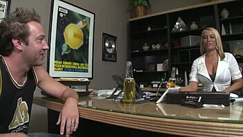 Blonde milf secretary Mellanie Monroe deepthroat anal licking doggystyle bent over pussy fingering in heels.