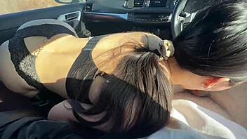 In a teasing outdoor encounter, the brunette student fucked her friend in the car