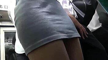 beautiful woman on the bus with young man