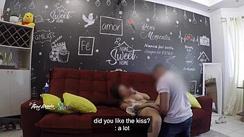 hot wife thay ksada gets recognized by the delivery man and lets him suck her big natural tits on the living room sofa with english subtitles teaser