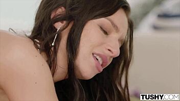 Tushy Gorgeous April Lives Her Double Penetration Fantasy With Hairy Brunette In Lingerie Getting Assfucked And Facial