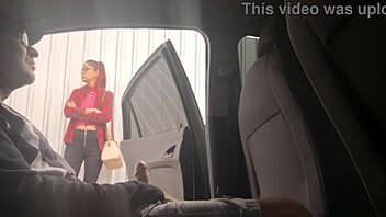 Risky Public Masturbation on Street for Punk Redhead Flashing Near Student at Bus Stop Outdoors