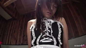 Skinny Asian teen maid experiences her first intense orgasm with dripping pussy from an old guy's touch.