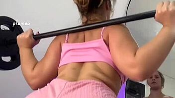 Big butt teases in thong shorts and leggings during workout