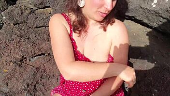 Young curvy milf flashes big tits and hairy pussy on public beach for dirty talk seduction