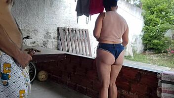 Maid seduces with tight shorts until getting action on the home balcony