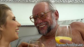 Blonde teen with big tits gets jizzed hard by old grandfather in oral cumshot