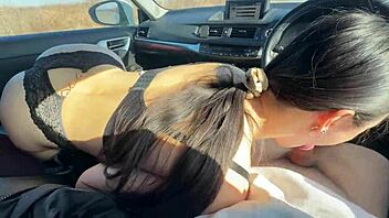 In a teasing outdoor encounter, the brunette student fucked her friend in the car
