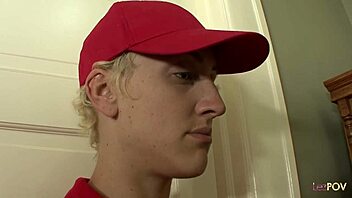 brunette awaits pizza delivery for some naughty lesbian licking and fingering action