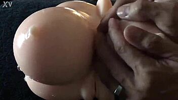 Relaxing sensual breast massage with fondling nipples and silicone toys on sexy rubber tits