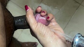 Stuck in the bathroom with this hot milf while he's not around!